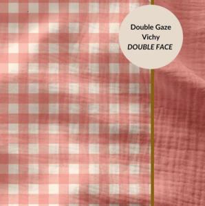 TISSU 100% COTON double gaze vichy Rose - Bi Face