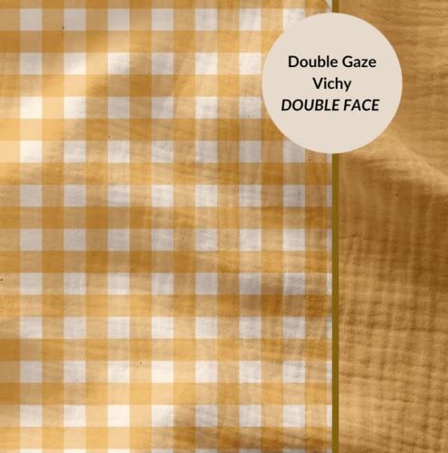 TISSU 100% COTON double gaze vichy jaune blé - Bi face