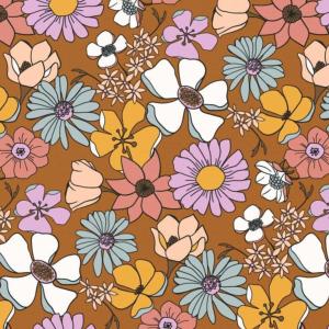 POPELINE DE COTON  FLEURS VINTAGE 70' CAMEL